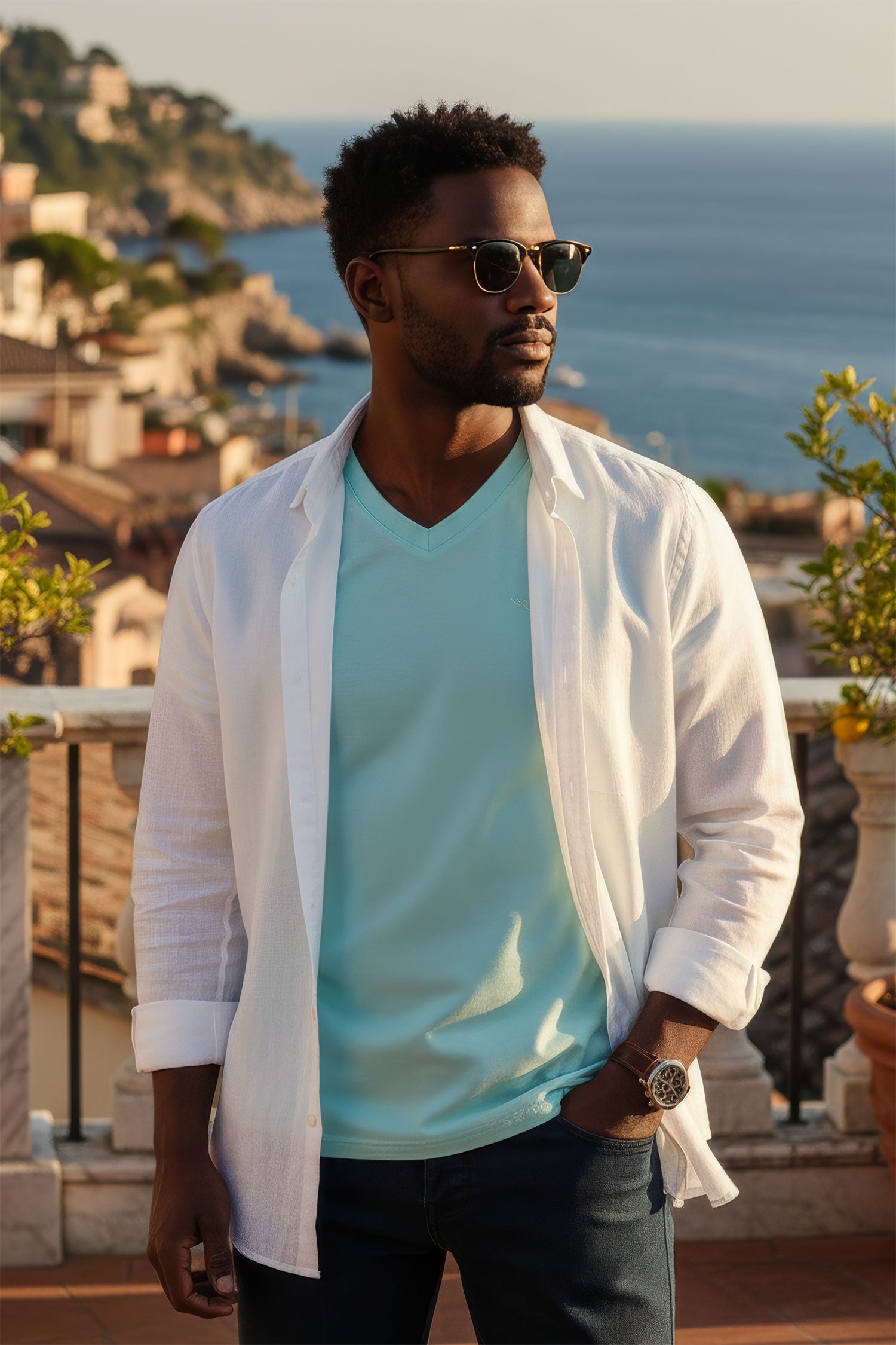 BARABAS Men's Solid Color V-neck T-shirts VTV216 Aqua