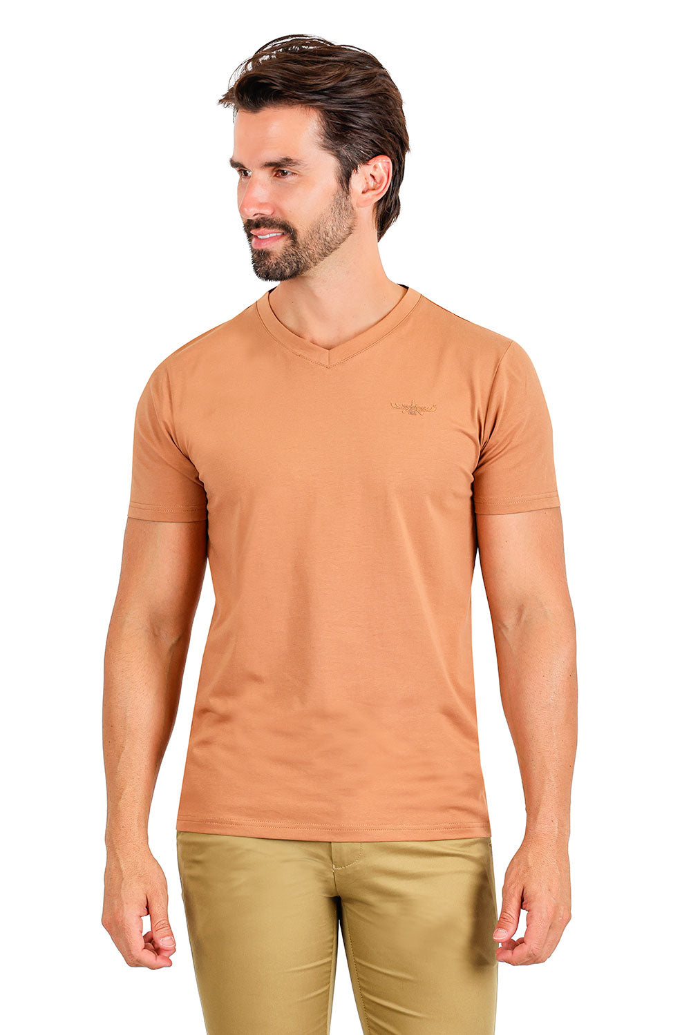 BARABAS Men's Basic Solid Color Premium V-neck T-shirts TV216  Coffee 