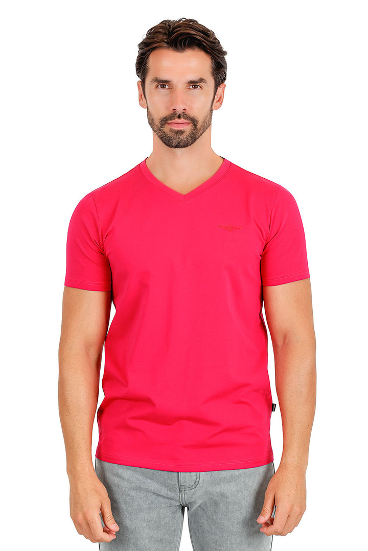 BARABAS Men's Solid Color V-neck T-shirts TV216 Fuchsia