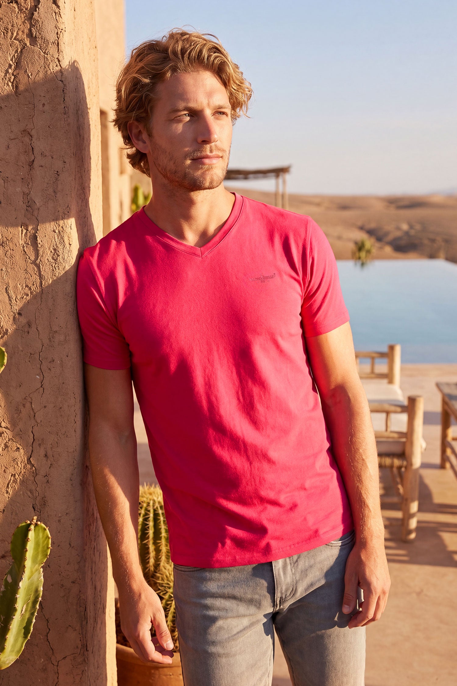 BARABAS Men's Solid Color V-neck T-shirts VTV216 Fuchsia