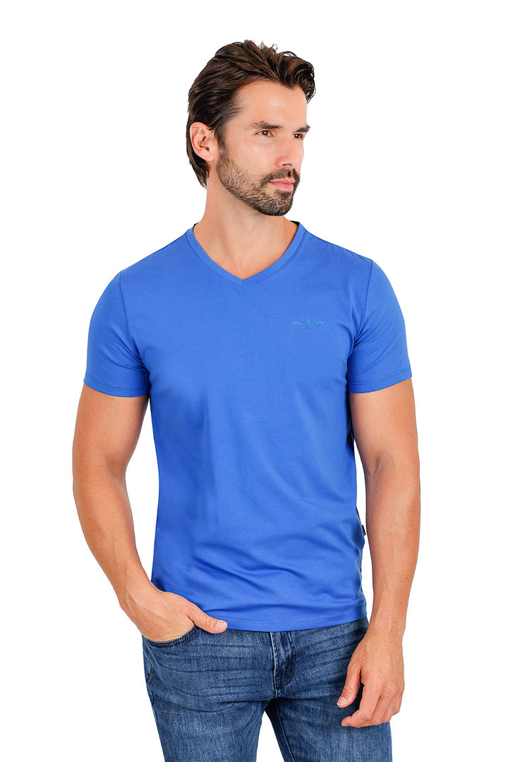 BARABAS Men's Solid Color V-neck T-shirts VTV216 Mykonos Blue