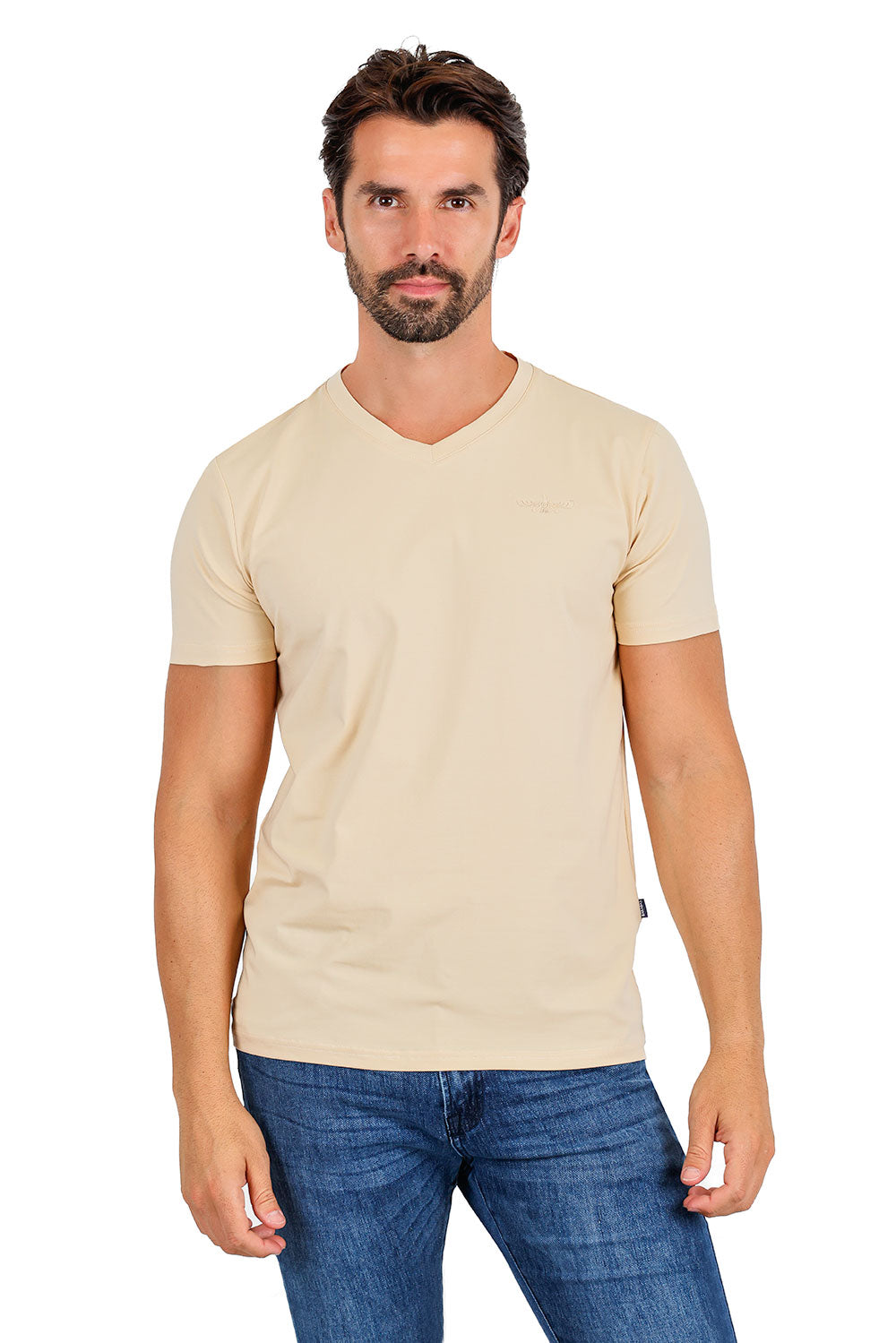 BARABAS Men's Basic Solid Color Premium V-neck T-shirts TV216  NATURAL 