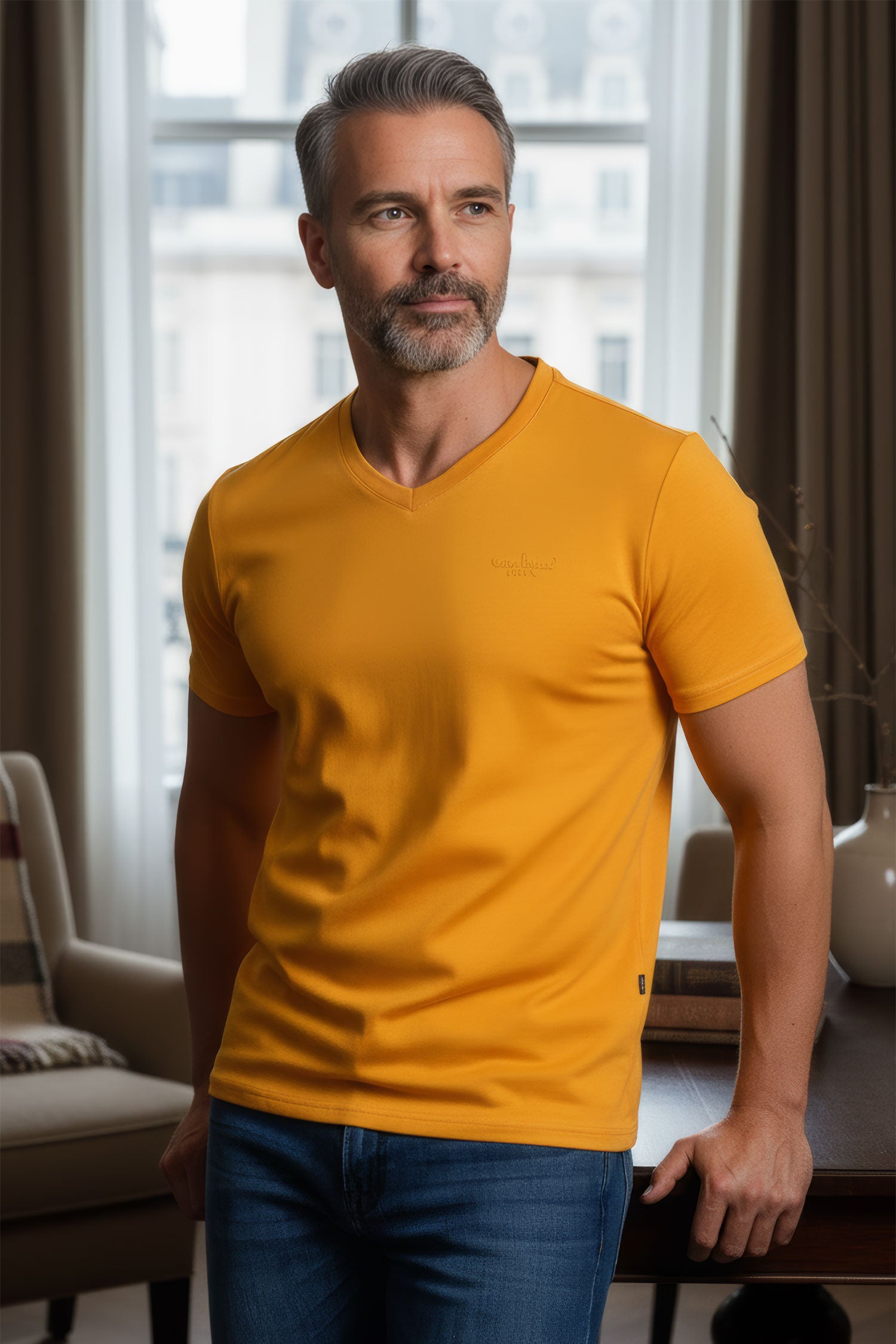 BARABAS Men's Solid Color V-neck T-shirts VTV216 Orange