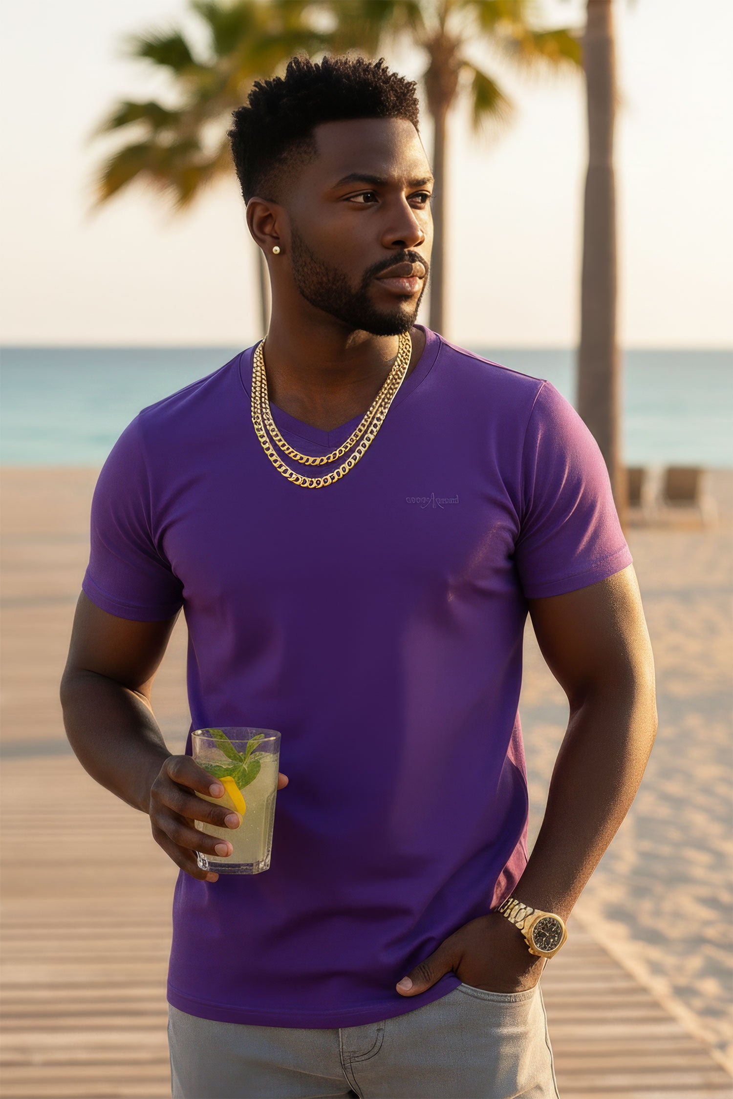 BARABAS Men's Solid Color V-neck T-shirts VTV216 Purple