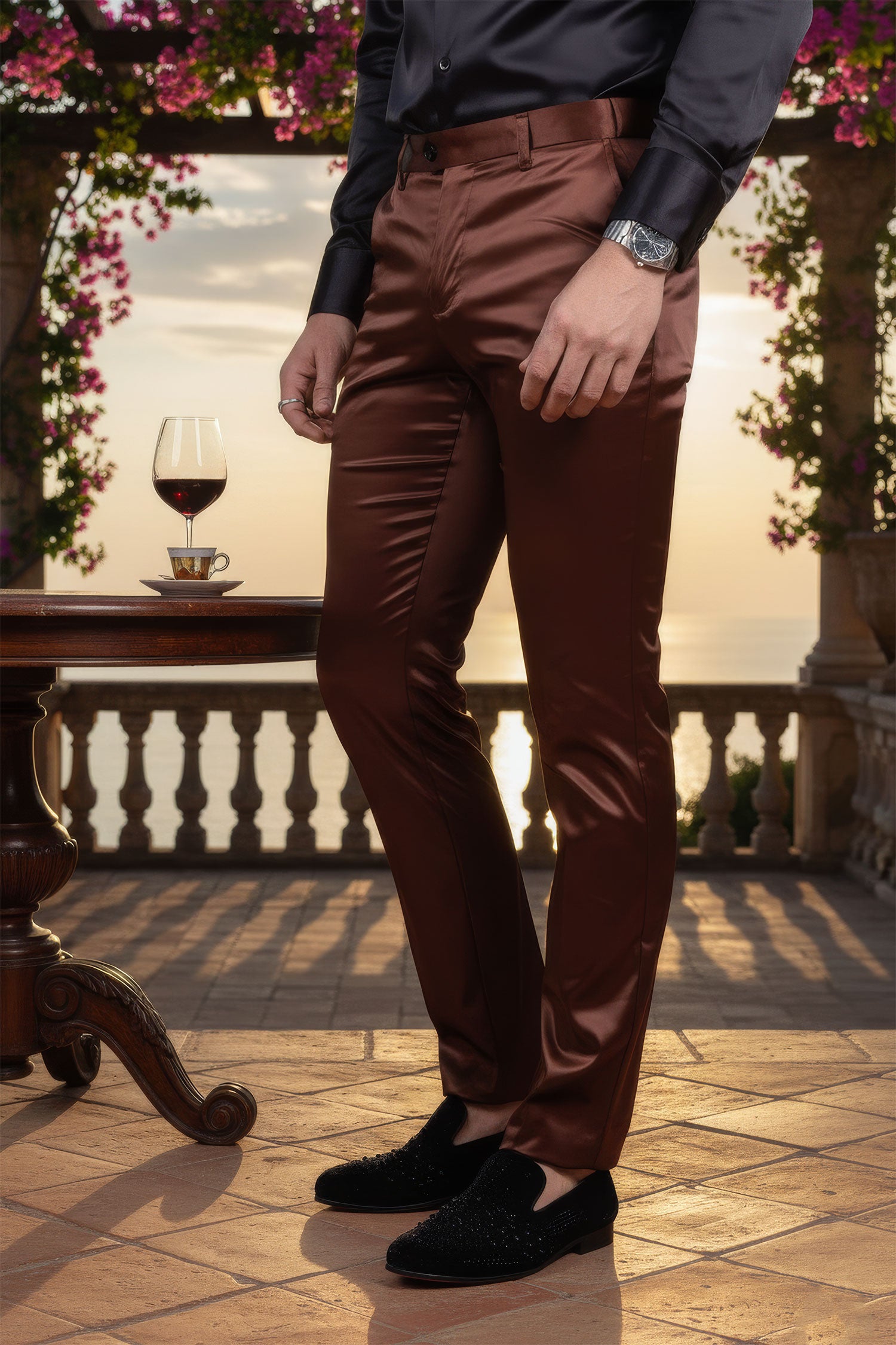 BARABAS Men's Solid Color Shiny Chino Pants VP1010 Nutshell  