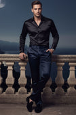 BARABAS Men's Solid Color Shiny Chino Pants VP1010 #Color_Navy