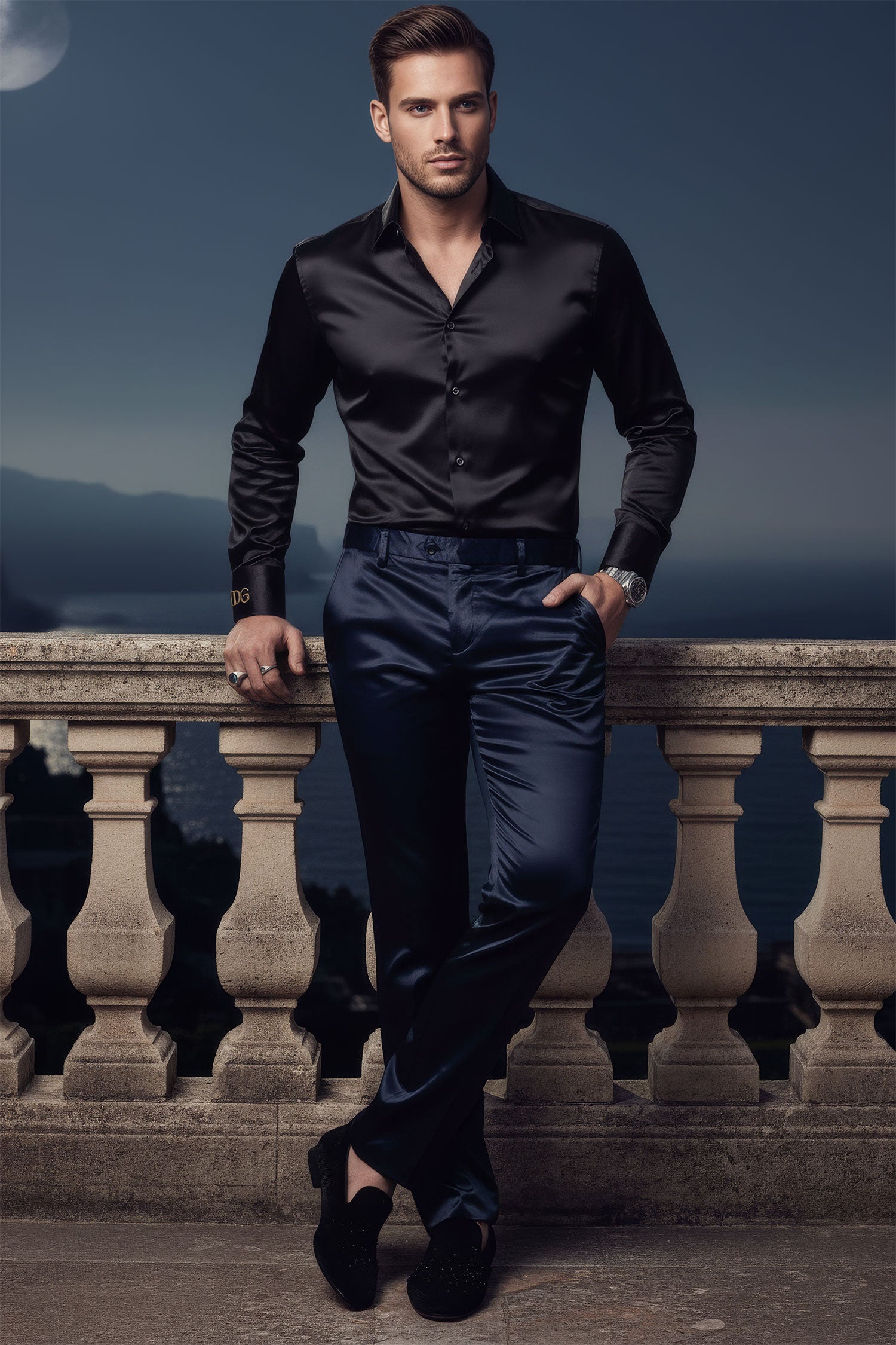 BARABAS Men's Solid Color Shiny Chino Pants VP1010 Navy