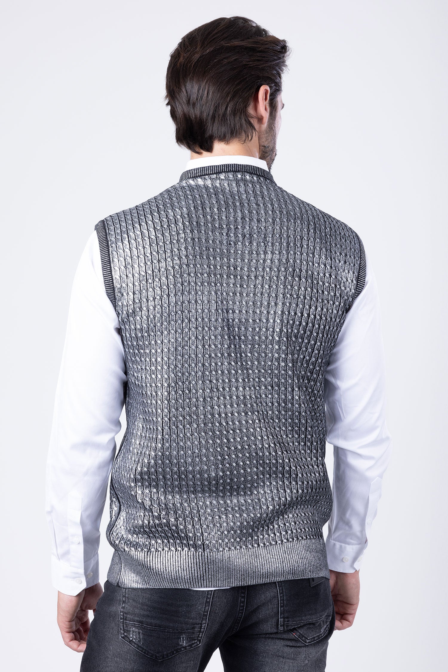 Barabas Men's Shiny Sleeveless Fisherman Knitted Sweater Vest WV201 Silver