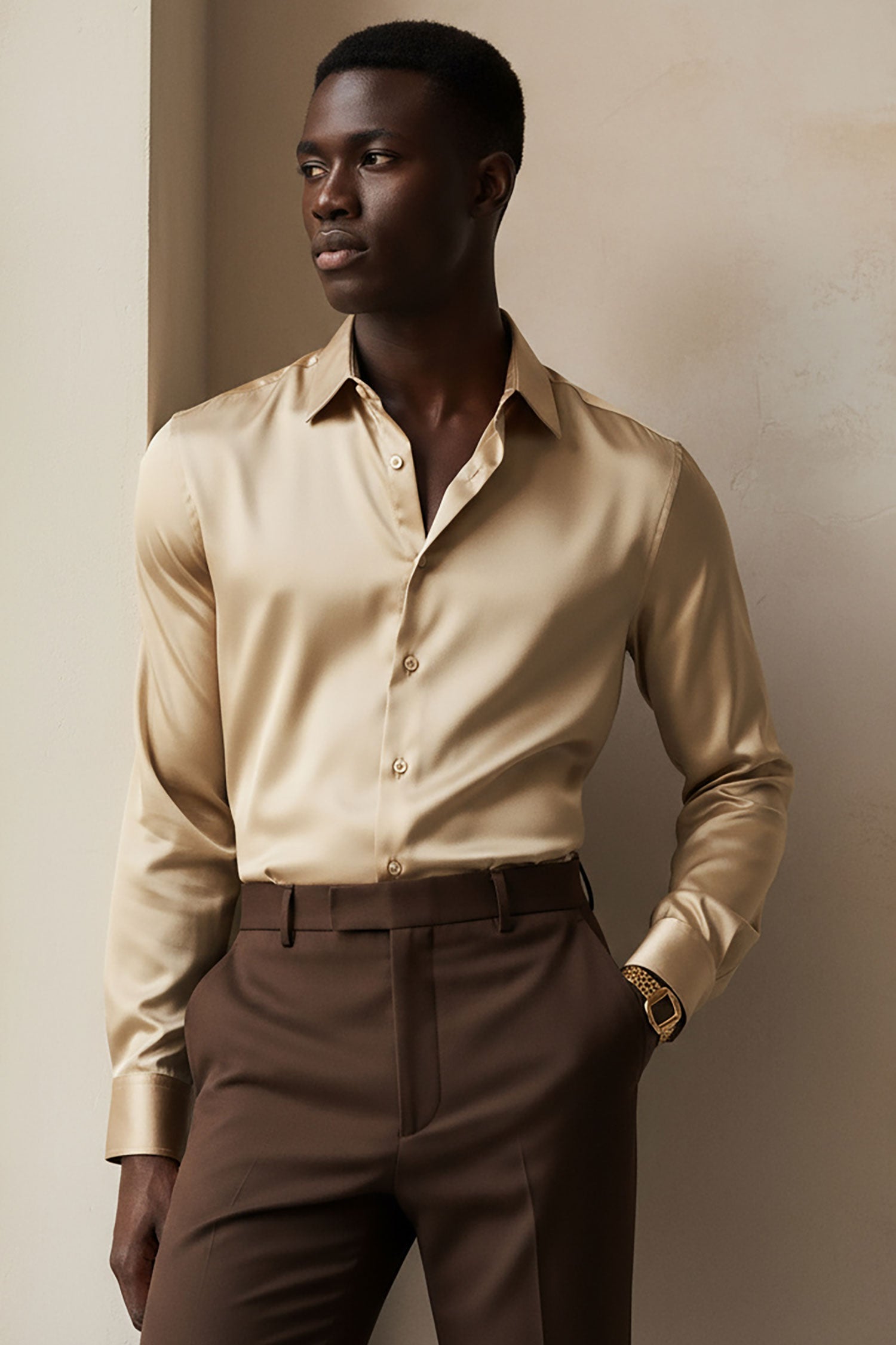 BARABAS Mens Luxury Shiny Long Sleeve Button Down Metallic Shirts B312 Gold