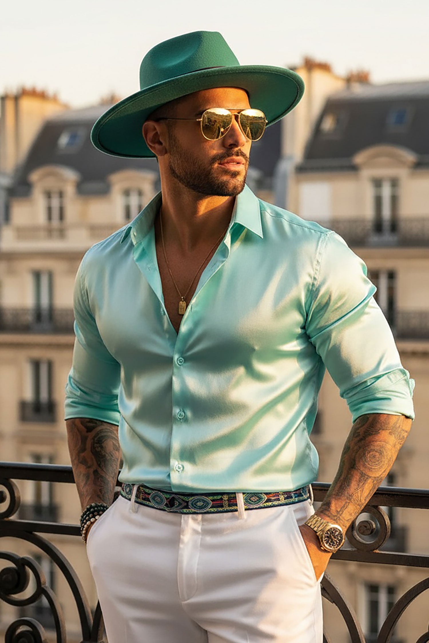 BARABAS Mens Luxury Shiny Long Sleeve Button Down Metallic Shirts B312 Mint