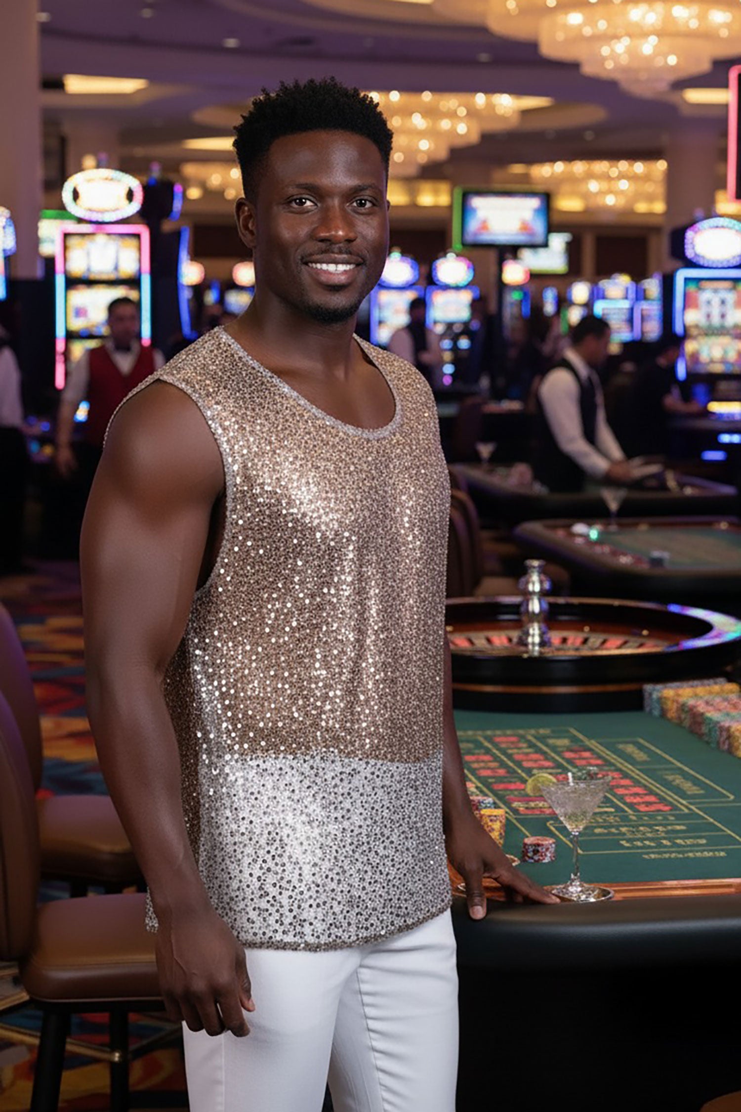 Barabas Men's Semi-Sheer See Through Sequins Sleeveless Shirts 5PST03 Beige