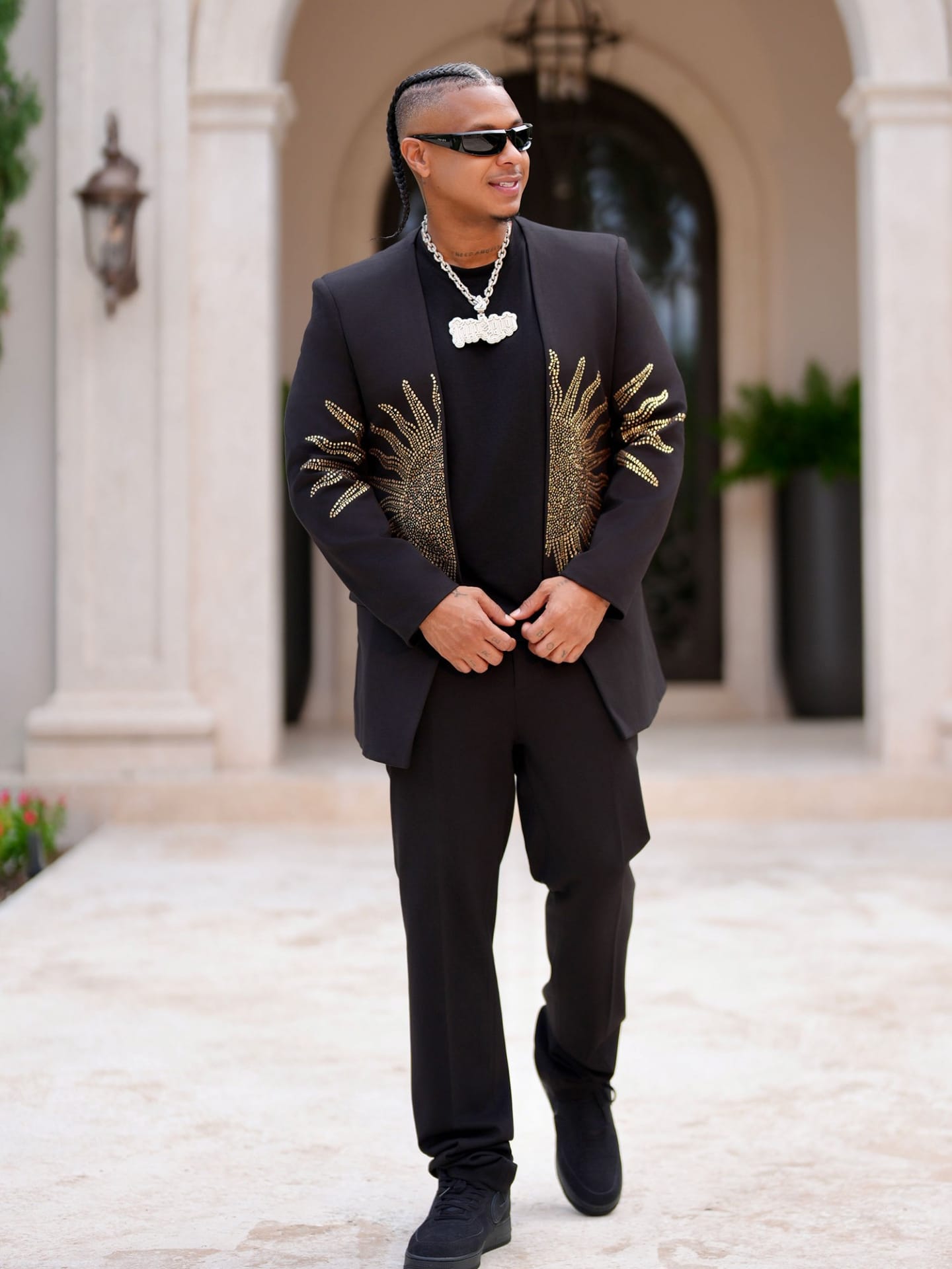 Barabas Men's Rhinestones Sun Rays Collarless Casual Blazer 6EBL03 Black Gold