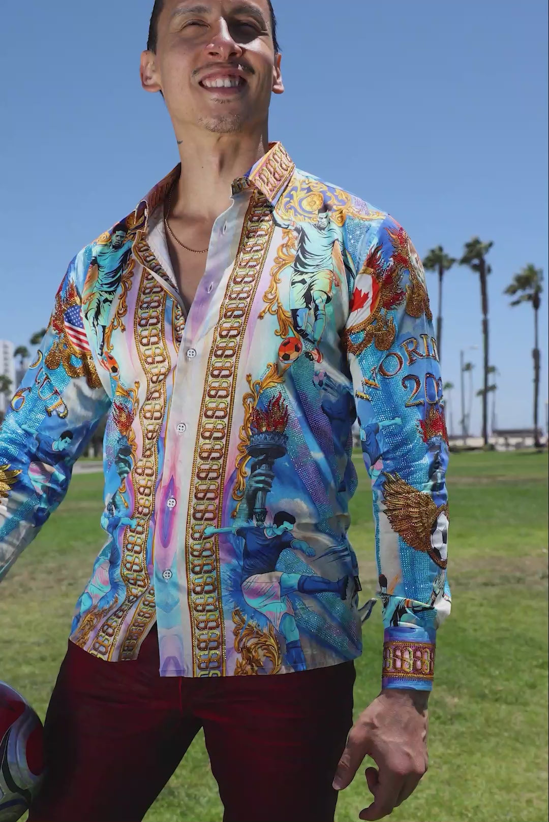 Men's Rhinestone 2026 World Cup Floral Print Shirt | BARABAS 6SPR20
