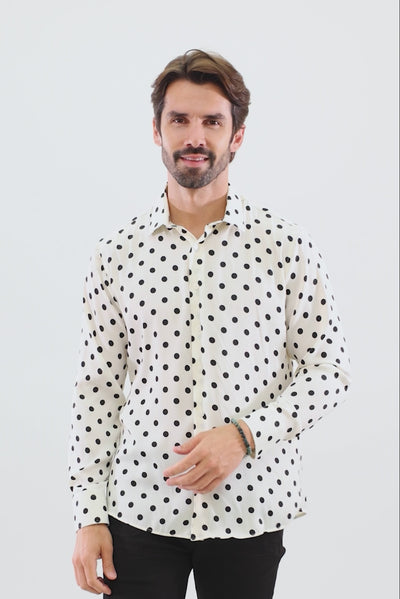 Barabas Men's Polka Dots Silk Feel Shiny Long Sleeve Shirt 4B86 White