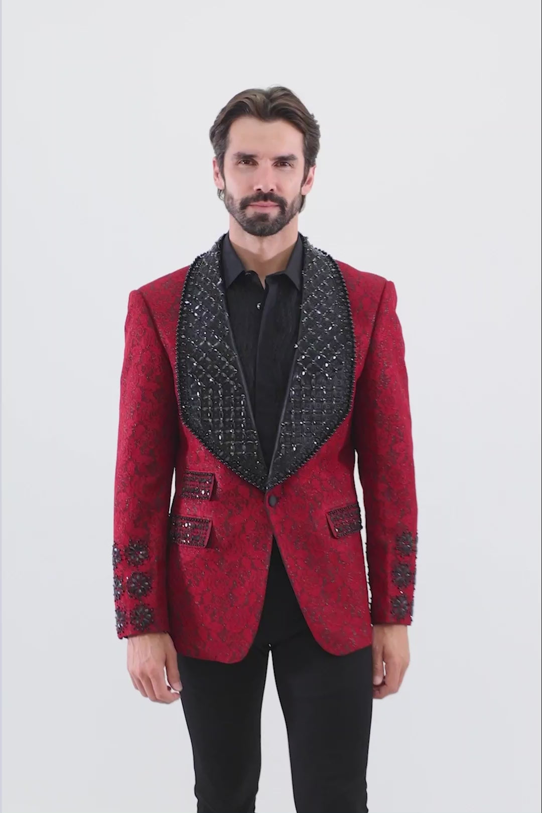 Barabas Elite Men's Rhinestone Floral Luxury Shawl Lapel Blazer 3EBL15 Red Black