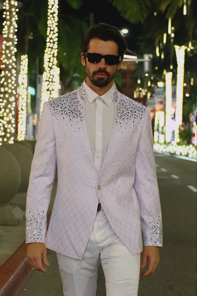 Barabas Men's Geometric Pattern Rhinestone Henley Lapel Blazer 4EBL53 White