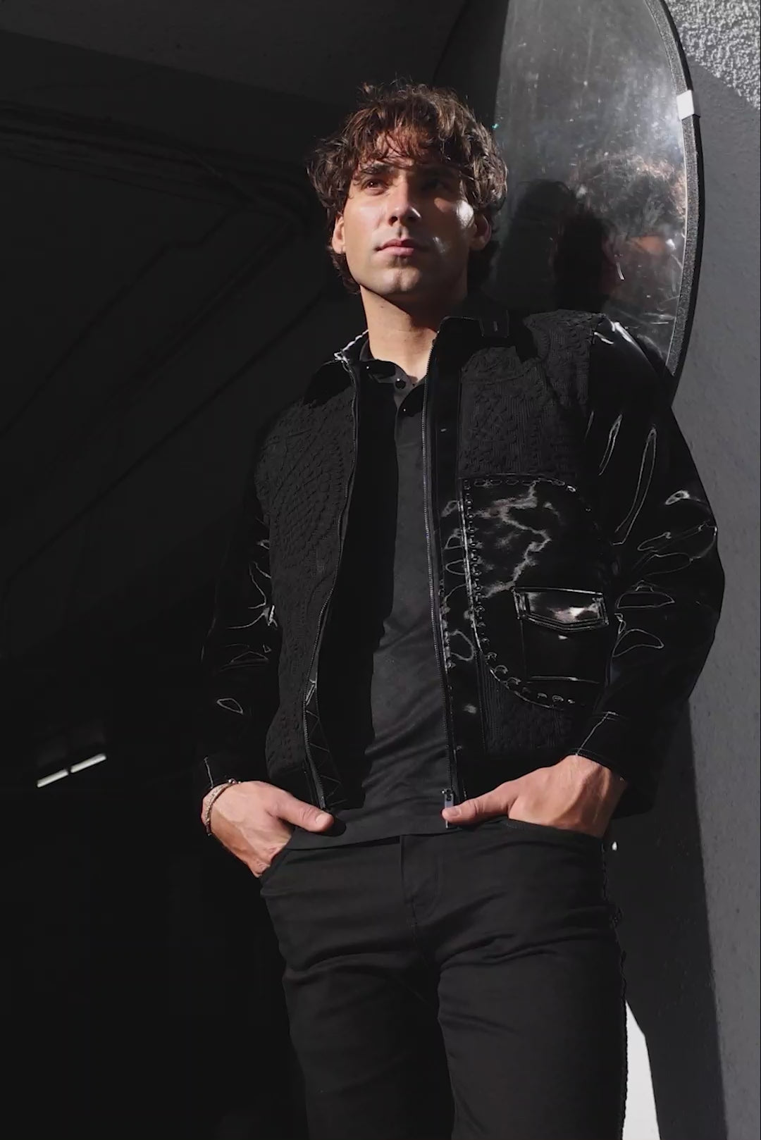 Barabas Men's Solid Color Embroidered Shiny Bomber Jacket 5C01 Black