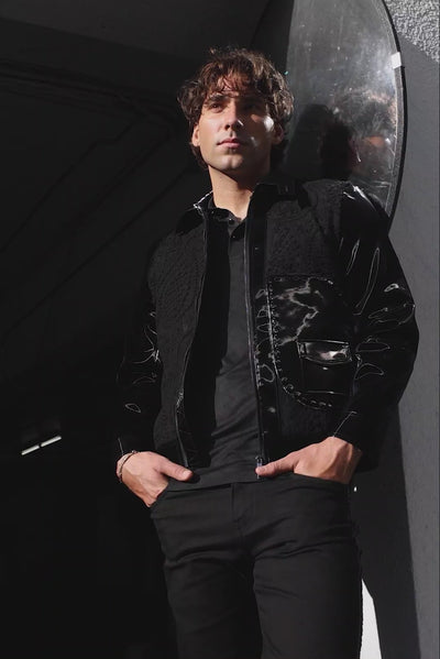 Barabas Men's Solid Color Embroidered Shiny Bomber Jacket 5C01 Black