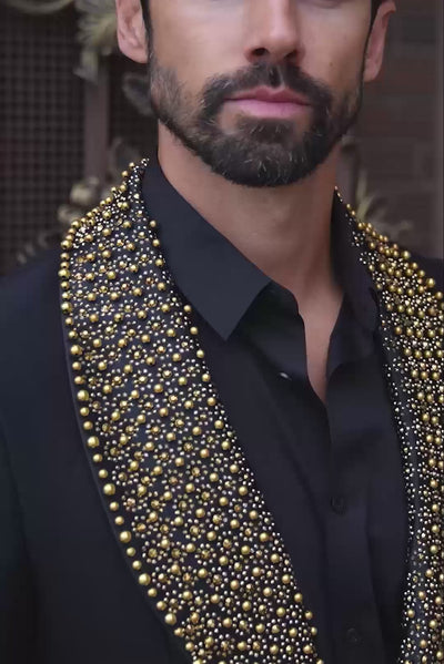 Barabas Men's Rhinestone Studded Geometric Shawl Lapel Blazer 4EBL47 Gold
