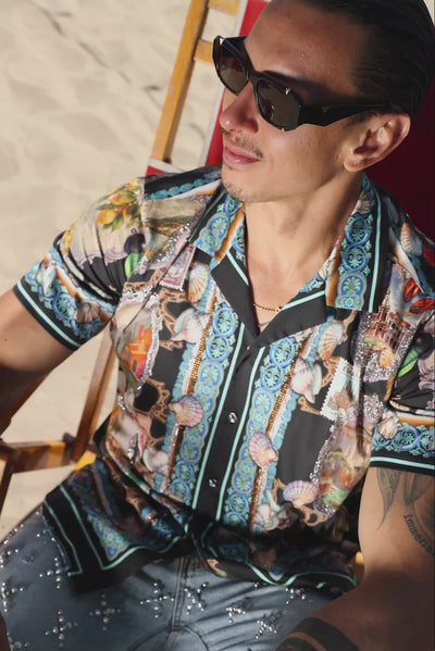 Men's Rhinestone Coral Reef Short-Sleeve Shirt | BARABAS 6SSR08 Black