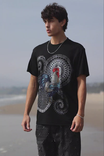 Barabas Men's Rooster Geometric Rhinestones Crew Neck Shirt 6TR05 Black