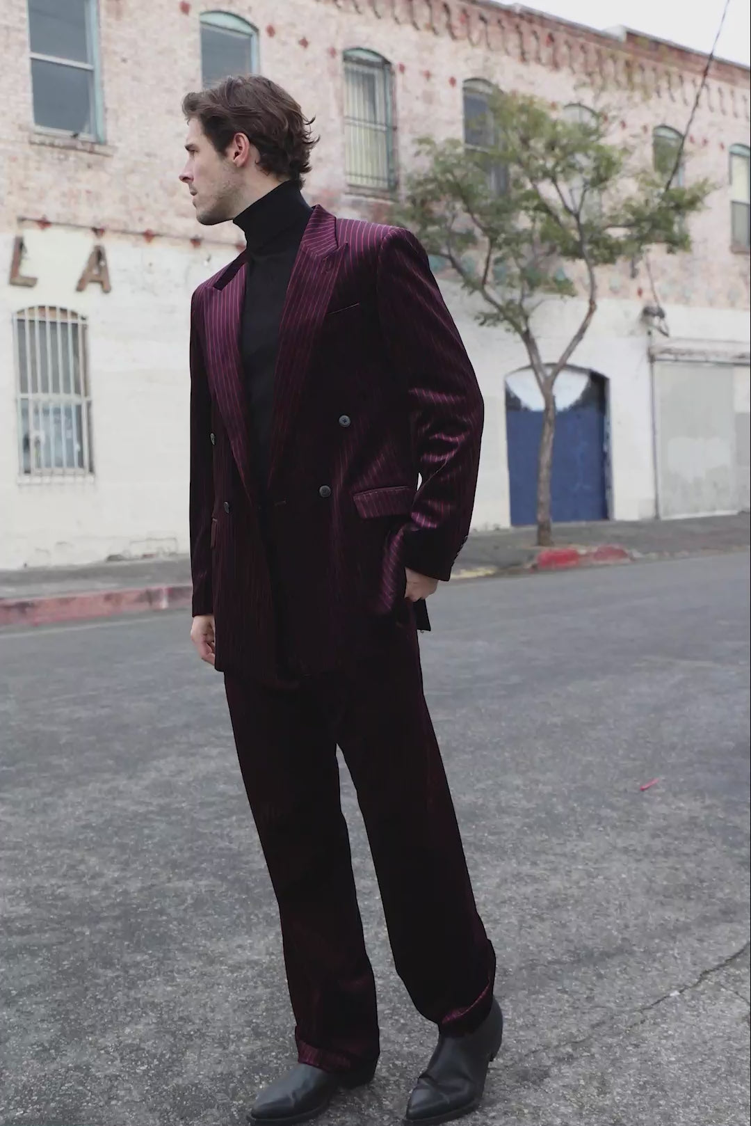 Barabas Men's Striped Double Breast Velvet Peak Lapel Suit 5SU52 Red