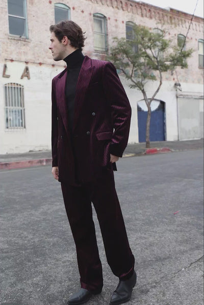 Barabas Men's Striped Double Breast Velvet Peak Lapel Suit 5SU52 Red