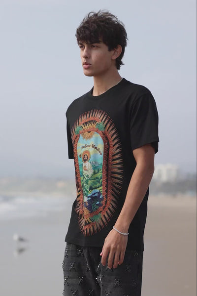 Barabas Men's San Judas Tadeo Rhinestone T-Shirt Crew Neck 6TR04 Black