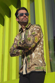 BARABAS Men's Rhinestone Medusa Floral Long Sleeve Shirts 3SPR416 Khaki