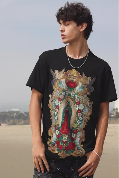 Barabas Men's Our Lady of Guadalupe Rhinestone Crew Neck T-Shirt 6TR01 Black
