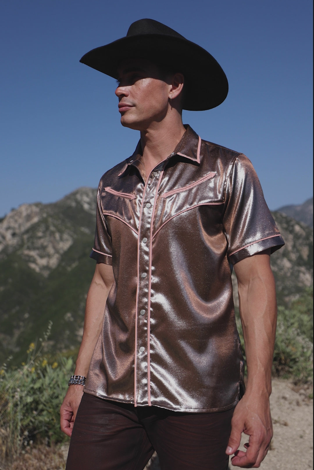 Barabas Men's Metallic Shiny Short Sleeve Casual Western Shirt 6WS02 Brown Light Pink