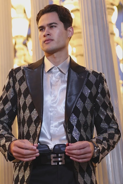 Barabas Men's Checkered Pattern Rhinestones Luxury Blazer 4EBL52 Black