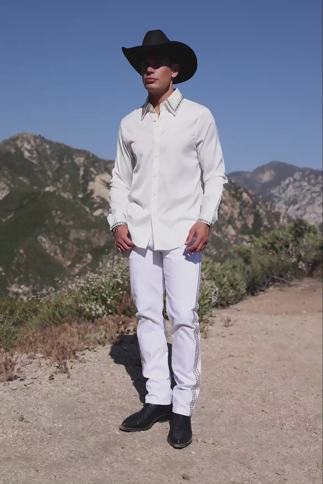 Barabas Men's Rhinestones Collar Stretch Long Sleeve Shirts 5BR21 White