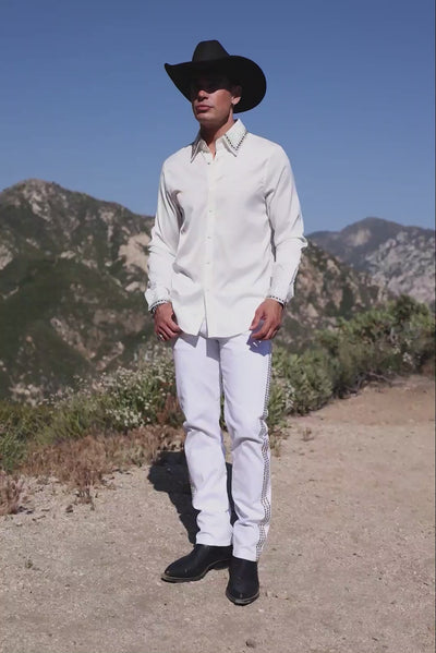 Barabas Men's Rhinestones Collar Stretch Long Sleeve Shirts 5BR21 White
