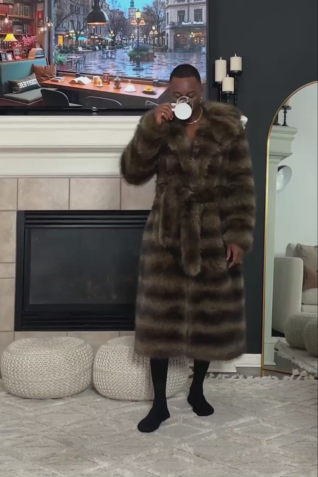 Barabas Men's Soft Fur Notch Lapel Stripped Long Coat 5BHL01 Brown Black