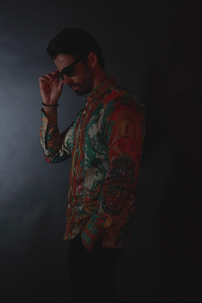 Barabas Men's Rhinestone Floral Dragon Long Sleeve Shirts 4SPR11 Cream