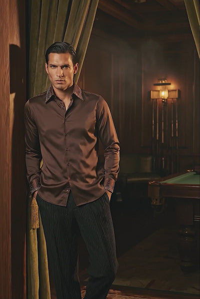 Barabas Men's Rhinestones Collar Stretch Long Sleeve Shirts 5BR21 Brown