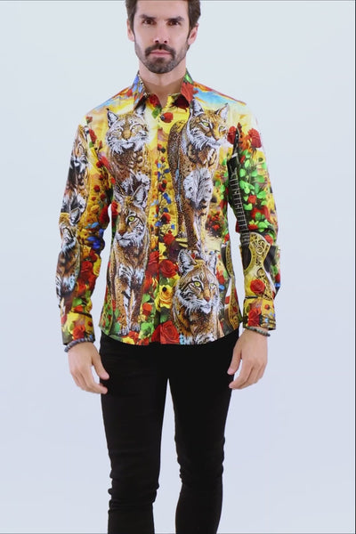 Barabas Men's Rhinestone Floral Animal Long Sleeve Shirts 4SPR08 Yellow