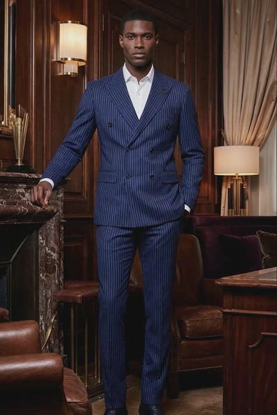 Barabas Men's Pinstripe Double Breasted Shawl Lapel Suit 6SU03 Royal White