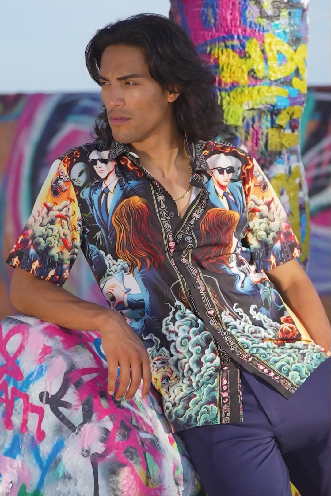BARABAS Men's Comic Science Fiction Printed Short Sleeve Shirts 4sst36