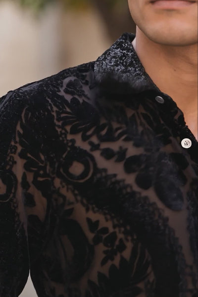 Barabas Men's See Through Floral Embroidered Baroque Shirt 6B02 Black 