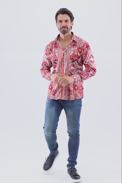 Barabas Men's Floral Paisley Pattern Design Long Sleeve Shirts 4B54 Red