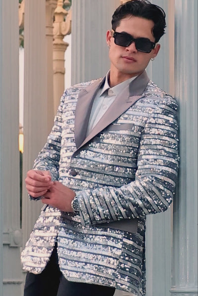 Barabas Men's Shiny Sequin Pattern Long Sleeve Blazer 4BL42 Silver