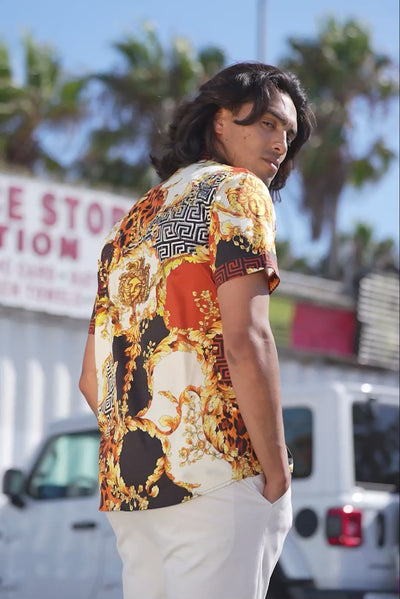 BARABAS Men's Floral Greek Pattern Baroque Short Sleeve Shirt SSR01 gold brown