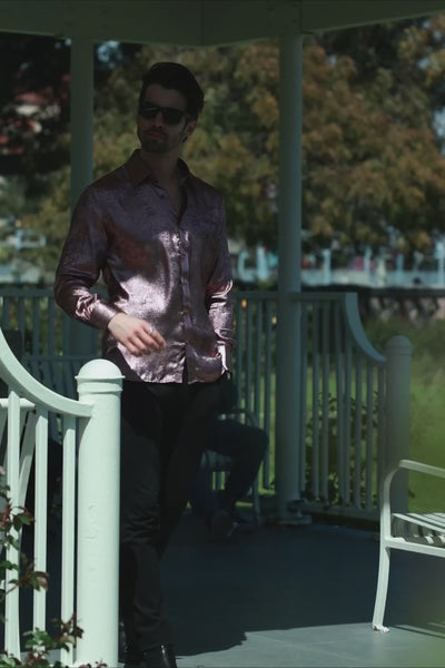 BARABAS Men's Metallic Shiny Button Down Long Sleeve Shirt 4B32 Bronze