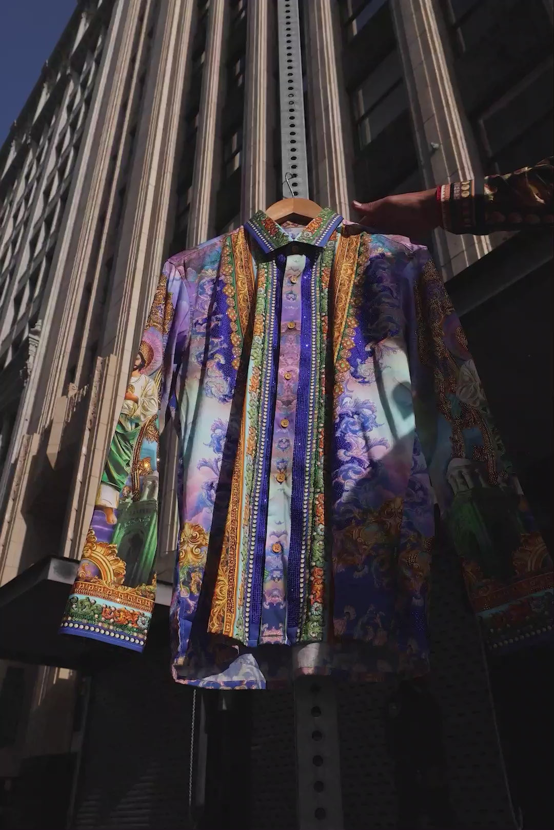 Barabas Men's Rhinestones Floral  Judas Tadeo Long Sleeve Shirt 5SPR14 Blue