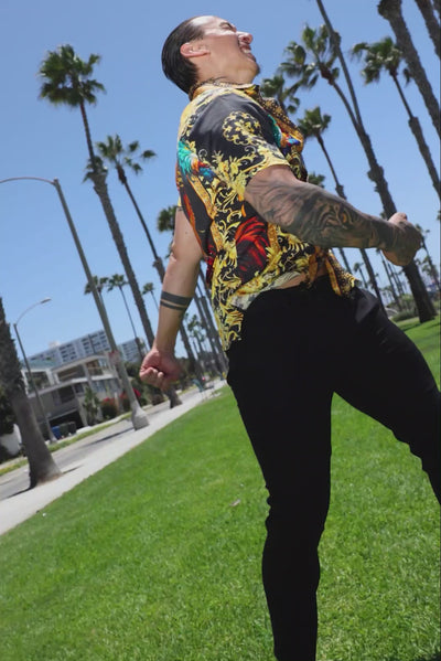 Men's Rhinestone Animal Print Short-Sleeve Shirt | BARABAS 6SSR05 Black