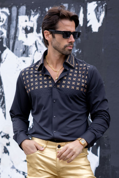 Barabas Men's Rhinestones Button Down Long Sleeve Shirts 4BR412 Black Gold / L Barabas Men's Rhinestones Button Down Long Sleeve Shirts 4BR412 Black Gold / L