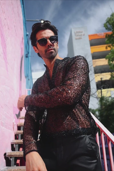 Barabas Men's See Through Sequins V-Neck Long Sleeve Shirts 5PST01 Black