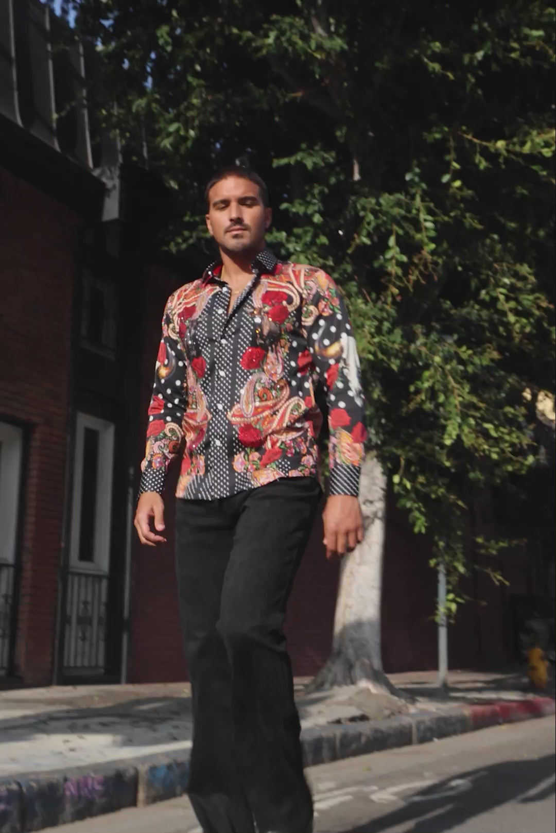 Barabas Men's Rhinestones Floral Bull Skull Long Sleeve Shirts 5SPR13 Black